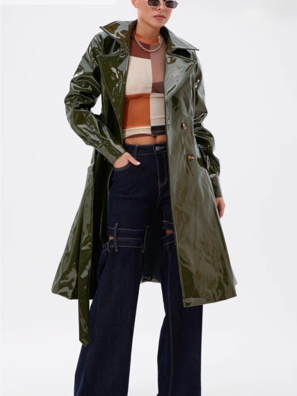 AKIRA MITICA PATENT TRENCH IN OLIVE Size LL - Picture 5 of 6